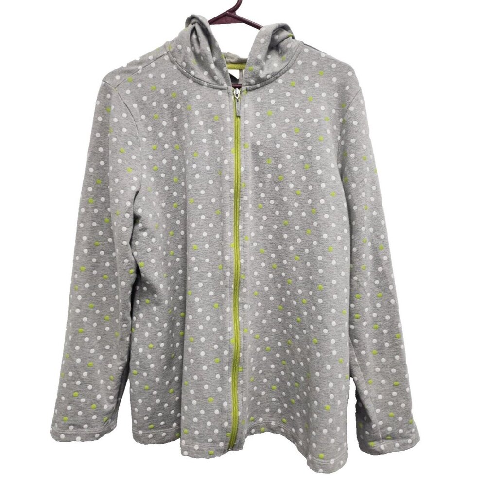 Denim‎ & Co Womens Hoodie Medium Gray Polka Dot Full Zip Long Sleeve Loungewear
